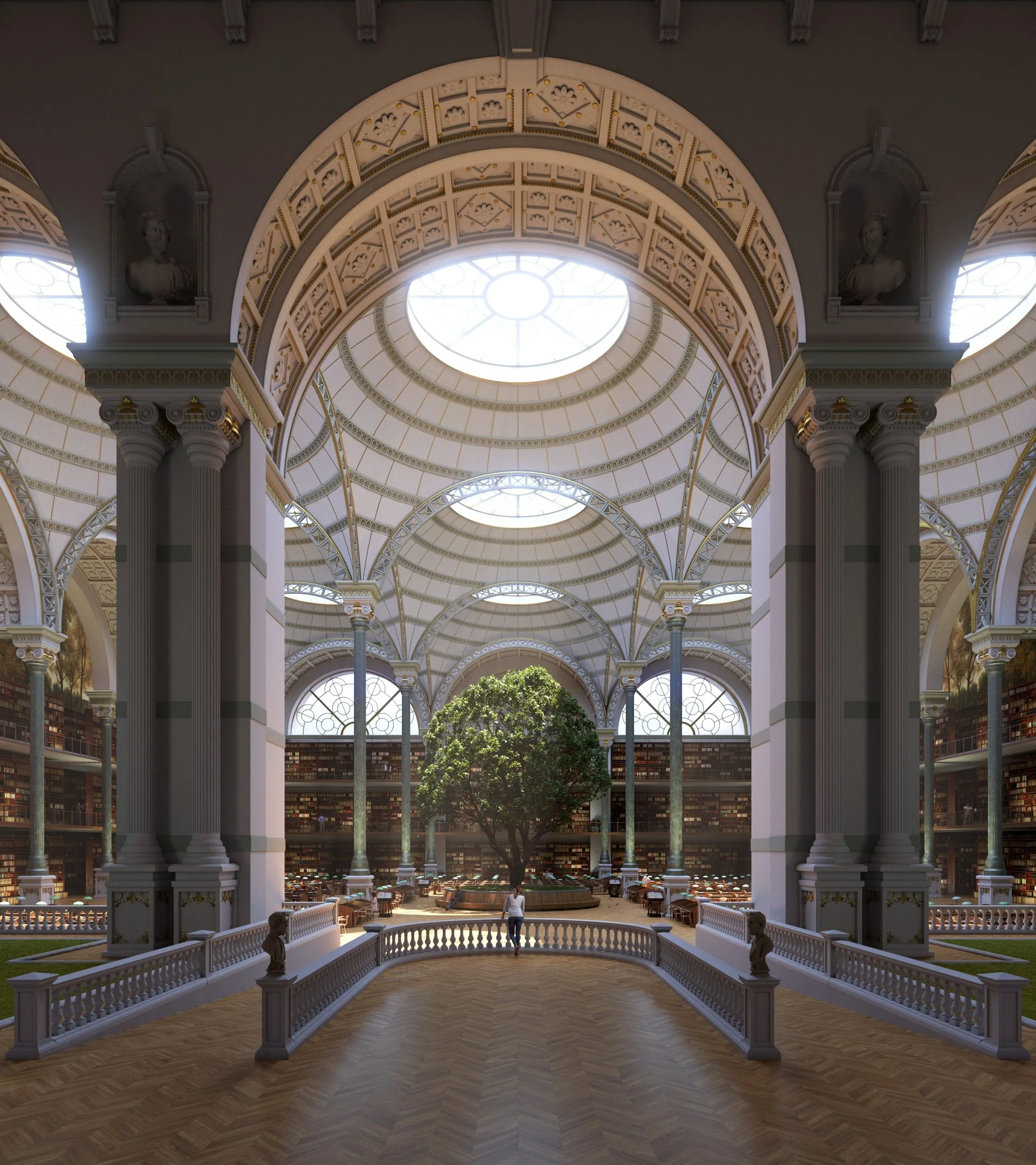 Ornate library atrium interior CGI