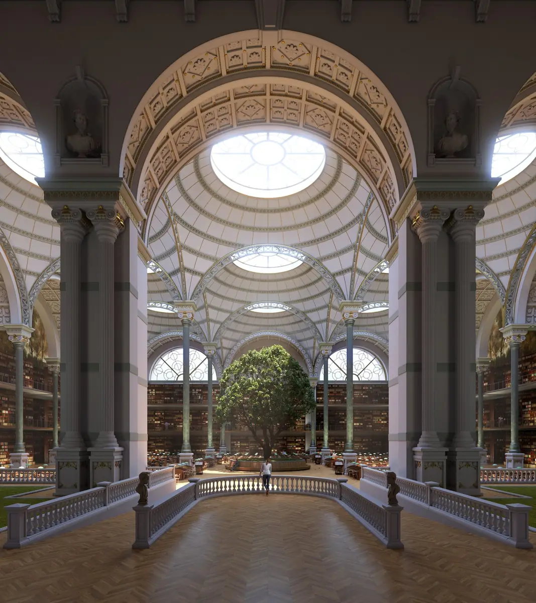 Ornate library atrium interior CGI