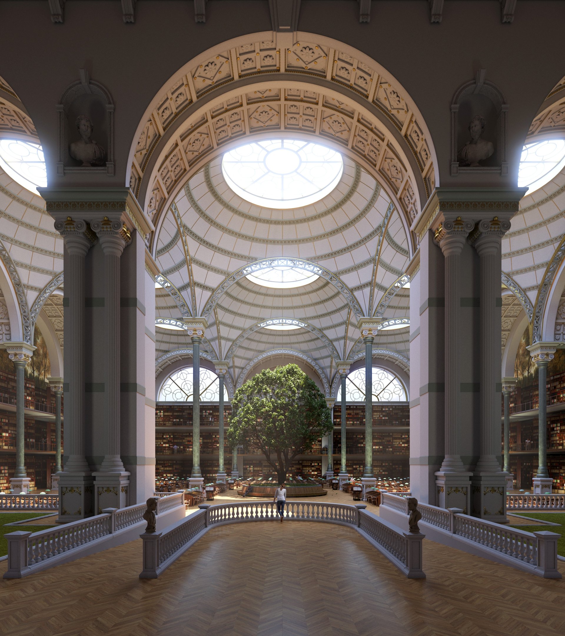 Ornate library atrium interior CGI